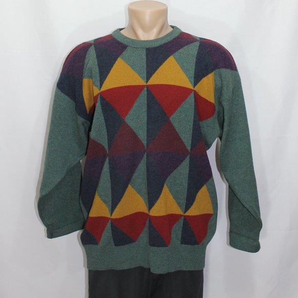 VTG Buckingham Lambswool Green with Geometric Sweater Made In England  Large - Picture 1 of 9